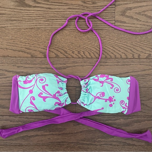 Saha Bikini Swim Set / Bandeau Halter, Ruched Hipster - Turquoise & Purple Print - Picture 3 of 15